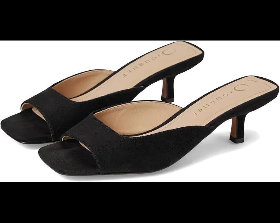 Journee Collection “Larna” Open‑Toe Wedge Sandals–Size 7.5 W–BlackFaux Suede–NIB