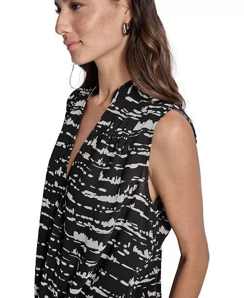 DKNY Top S Black Printed Surplice Sleeveless V-Neck Blouse Workwear NWT MSRP $69