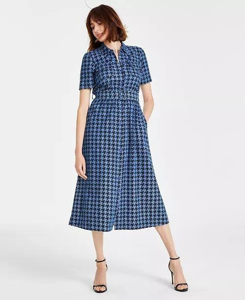 Anne Klein Cotton Midi Dress L Blue Houndstooth Camp Pocket Belted Fit NWT