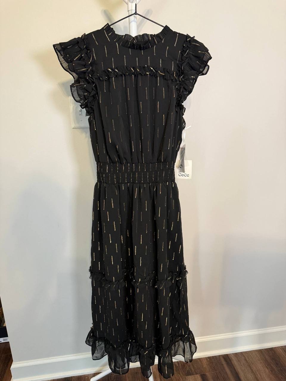 CeCe Metallic‑Print Ruffled Smocked‑Waist Midi Dress – Size S – NWT – $129