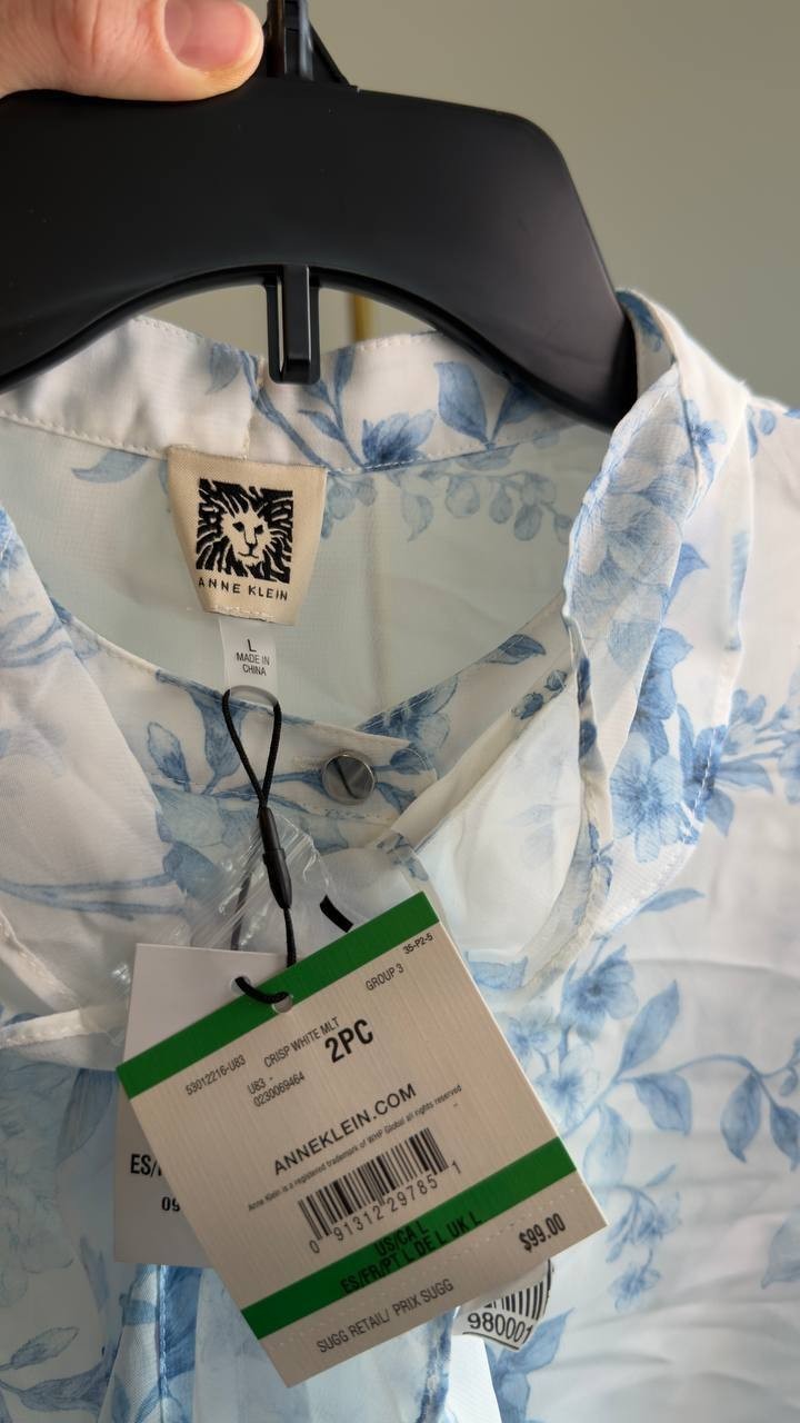 Anne Klein Floral Ruffle Tie‑Neck Blouse L White Multi NWT $99