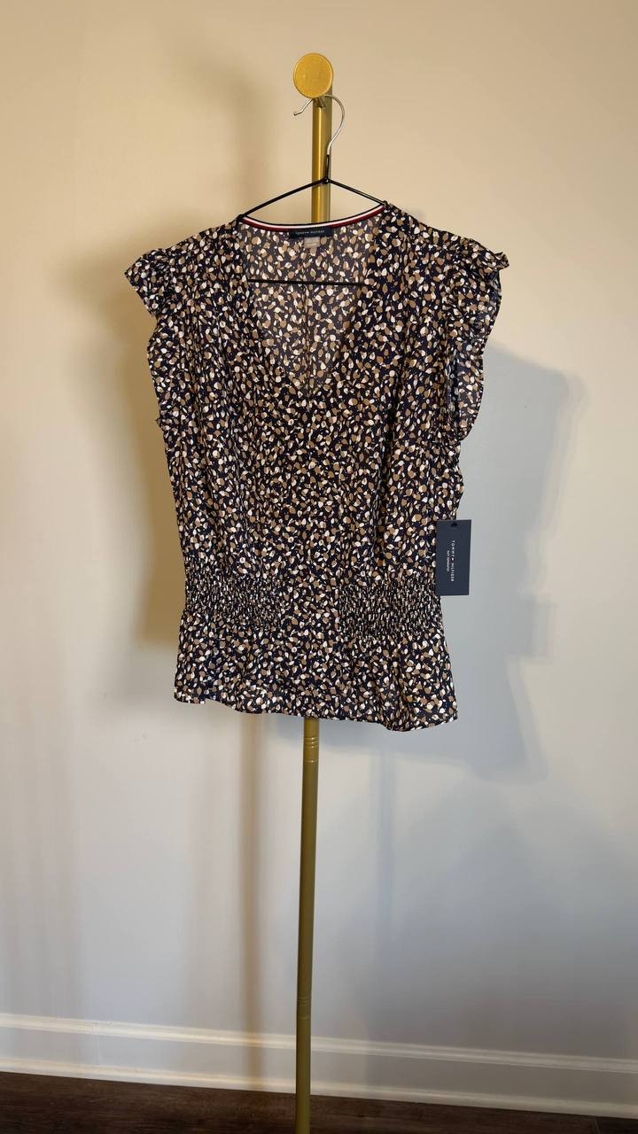 Tommy Hilfiger Floral Smocked‑Waist Ruffle‑Sleeve Top Floral S NWT $69