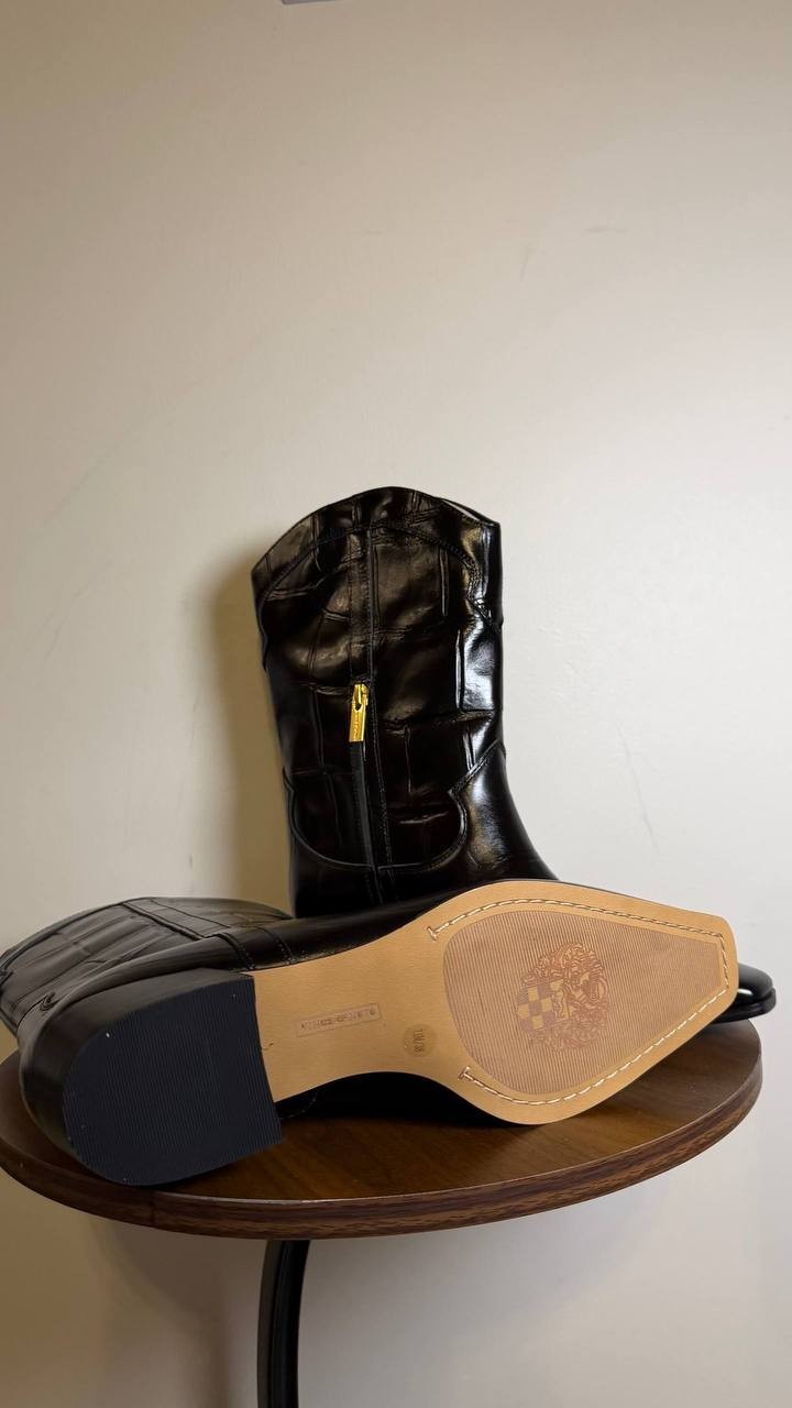 Vince Camuto Prilie Square‑Toe Western Leather Boots Black 7.5M NWB $169