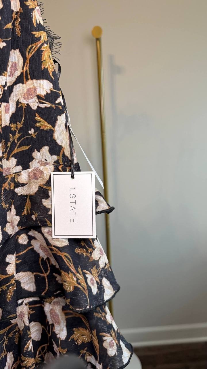 1.STATE V‑Neck Tiered Floral‑Print Maxi Dress Reach Black L NWT $139