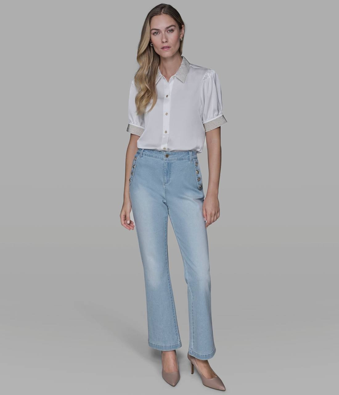 Karl Lagerfeld Paris Beaded Satin Stud Blouse Soft White M NWT $109