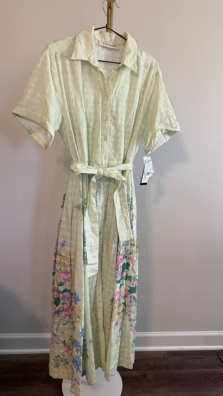 Taylor Women’s Eyelet Embroidered Belted Cotton Shirtdress White 6 $144 NWT