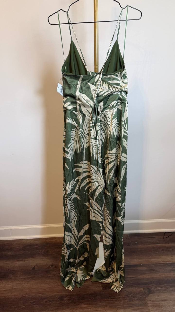 Guess Yasmin Satin Wide-Leg Jumpsuit Green Size L NWT Damaged Seam $178