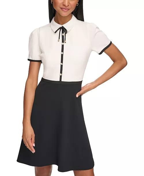 Karl Lagerfeld Paris Collared Contrast Trim Dress White Black 10 $148 NWT