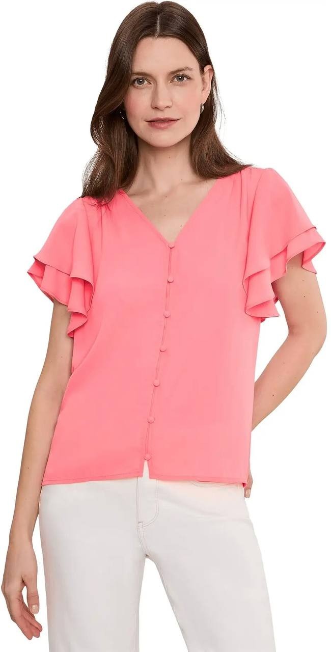 CeCe Women’s Double Flutter Sleeve Shirred Shoulder Top Coral Bloom L NWT $69