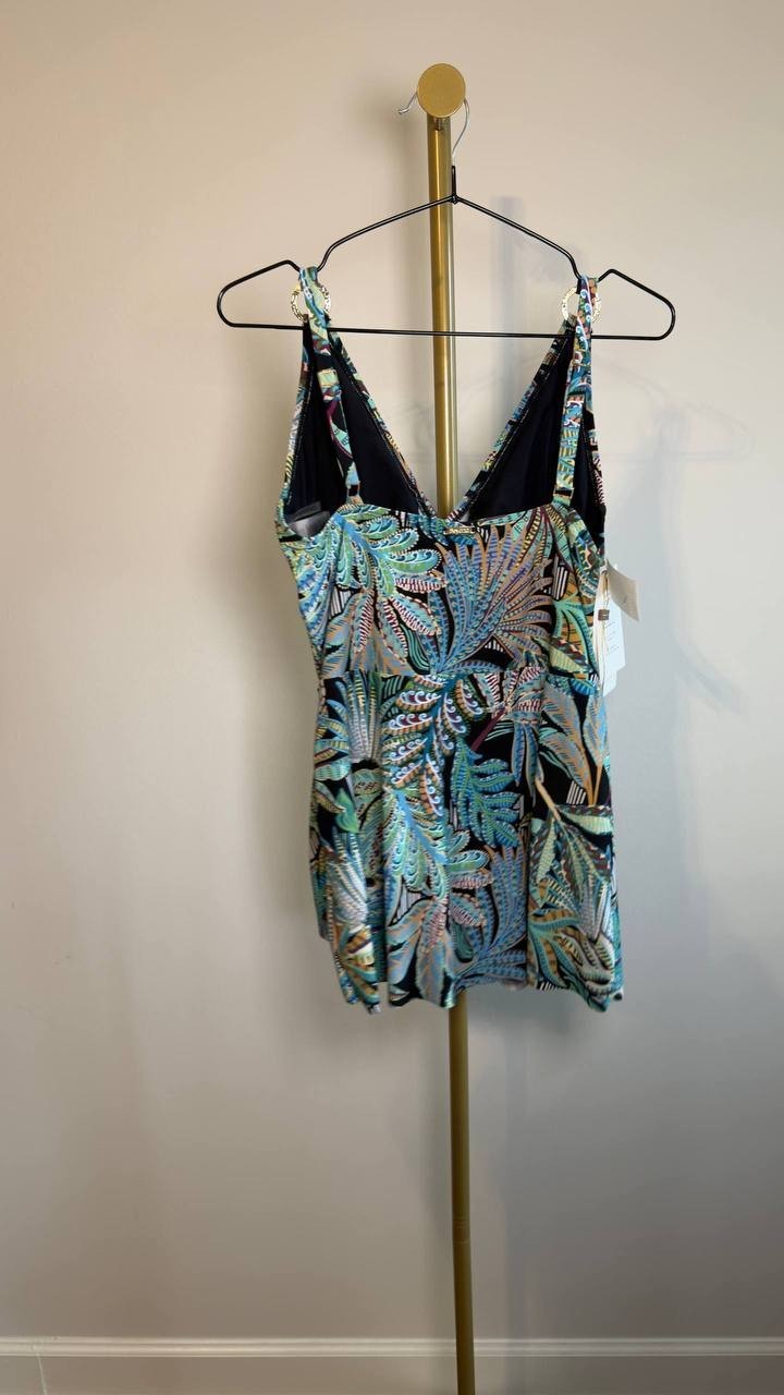 Beyond Control V‑Neck One‑Piece Swim Dress Black Multi 8 NWT $144