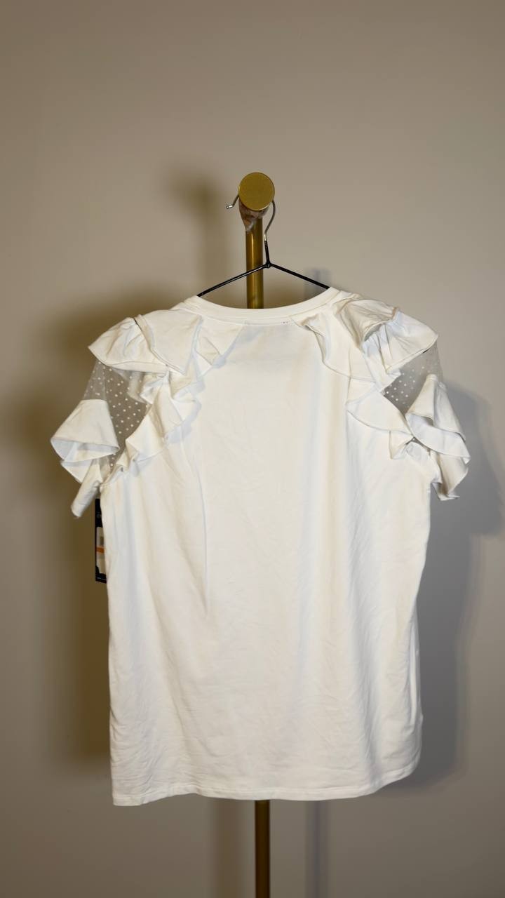 Karl Lagerfeld Paris Ruffle Mesh Short Sleeve Top White S NWT $79