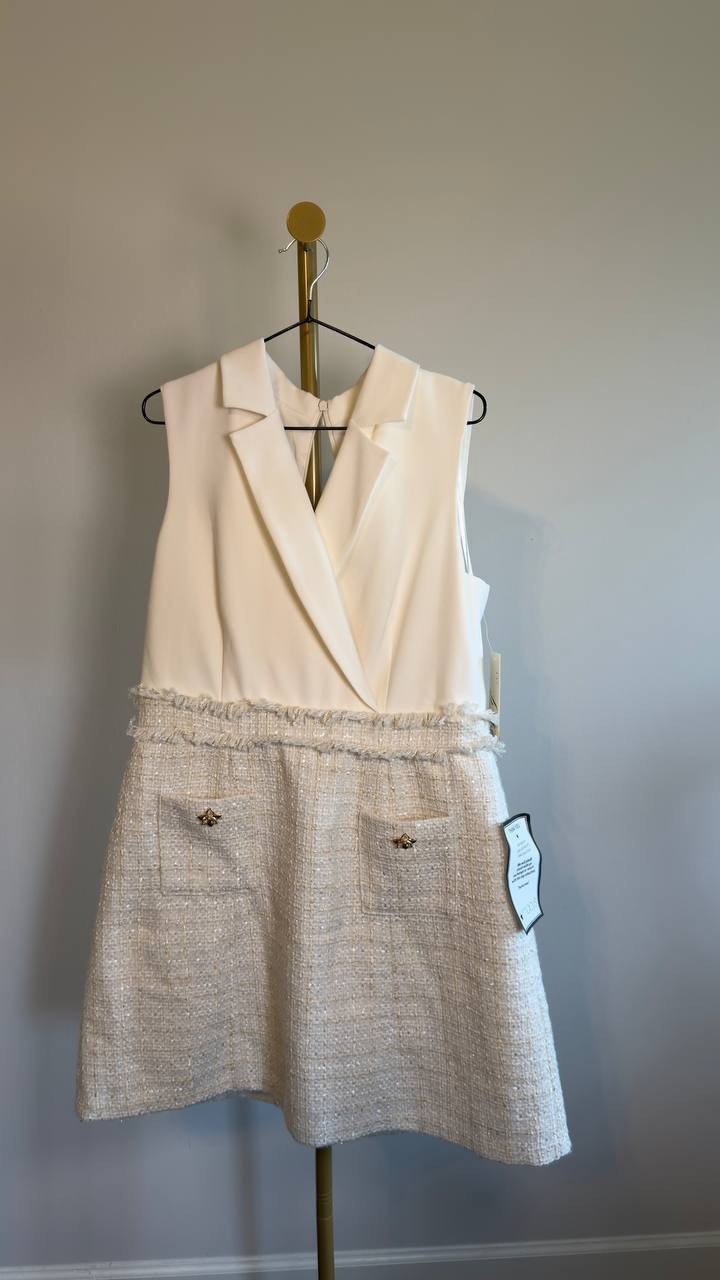Eliza J Collared Mixed-Media Sleeveless Dress Ivory 14 NWT $158