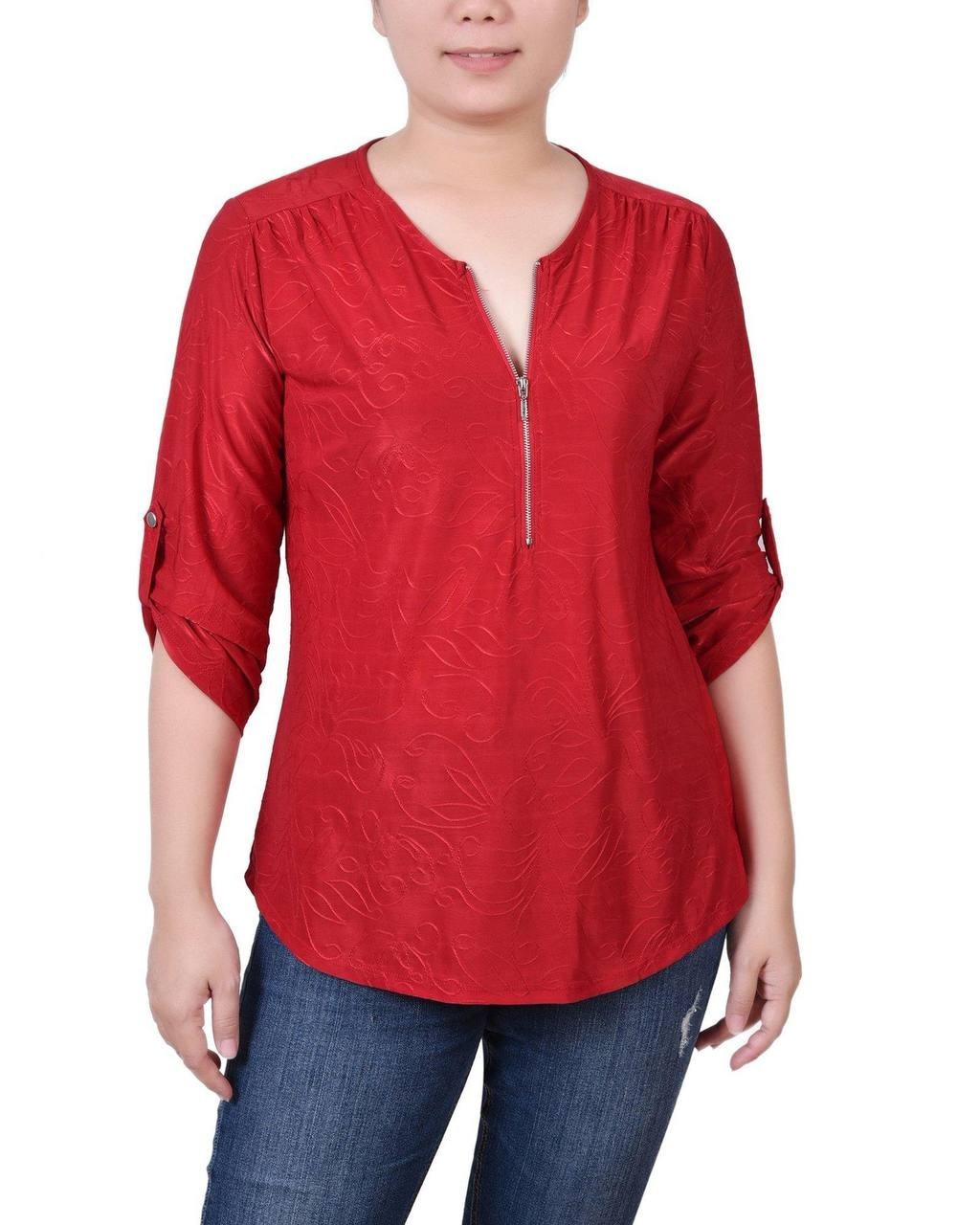 NY Collection Women’s 3/4 Roll Tab Zip Front Top Red 2X $44 NWT