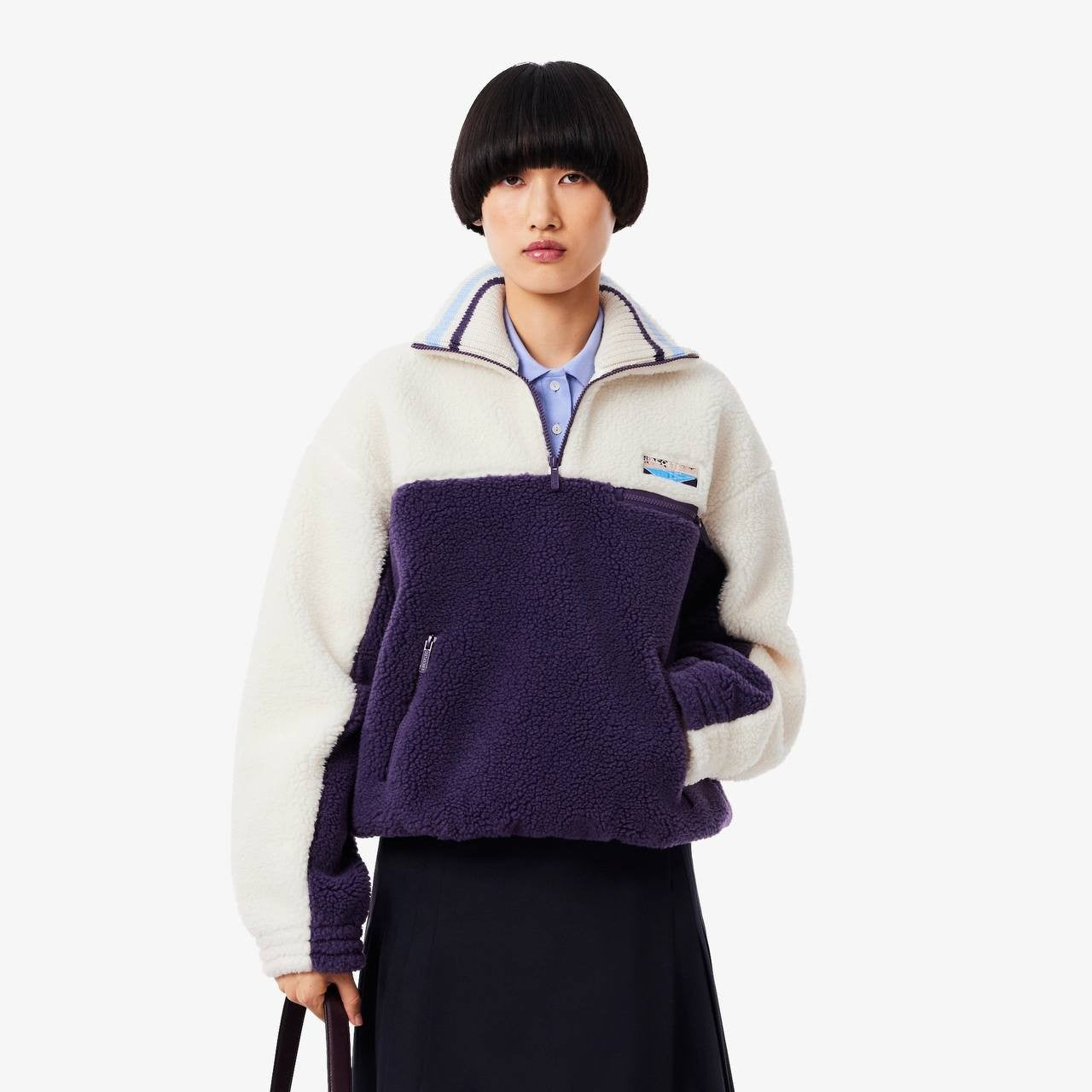Lacoste Oversized Colorblock Half‑Zip Jacket 44 Purple/White NWT $195