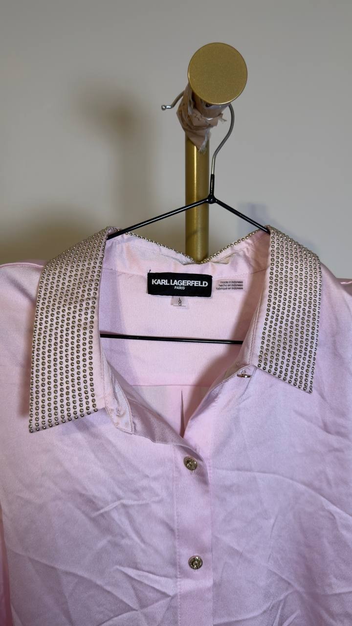 Karl Lagerfeld Paris Satin Stud Beaded Sleeve Blouse Soft Pink L NWOT $109