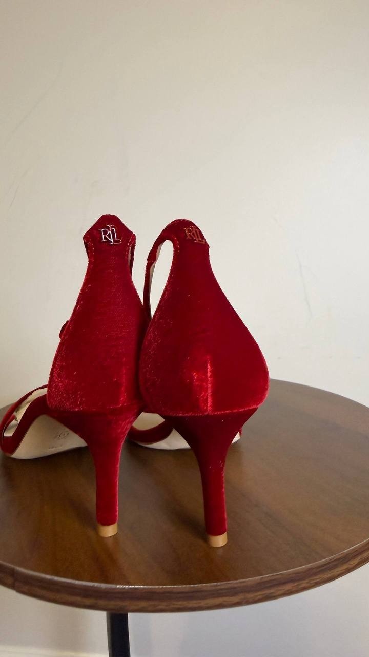 Lauren Ralph Lauren Red Velvet Mid Heel Sandals 7.5B NIB MSRP $148