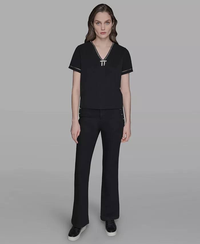 Karl Lagerfeld Paris Crystal Bow V‑Neck Knit Top Black S NWT $89