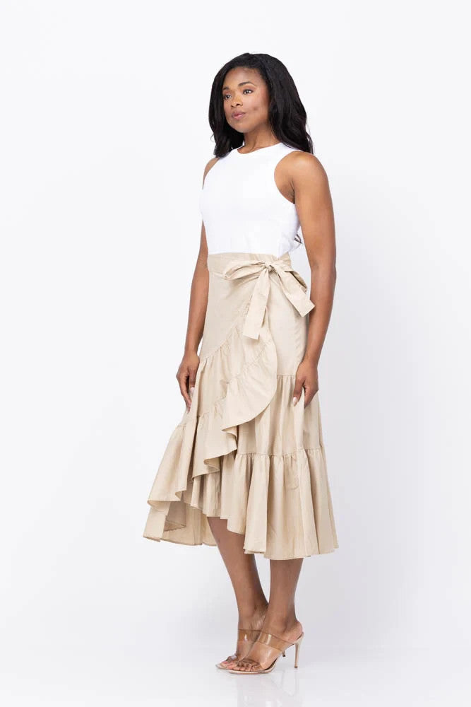 Cinq à Sept Mahlia Midi Dress White Khaki Sleeveless Tiered Size S