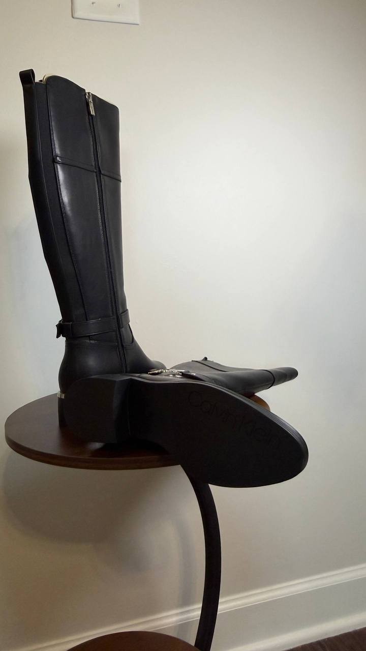 Calvin Klein Daphny Boots 7M Black Man‑Made Knee‑High Pointy Toe NIB msrp$169