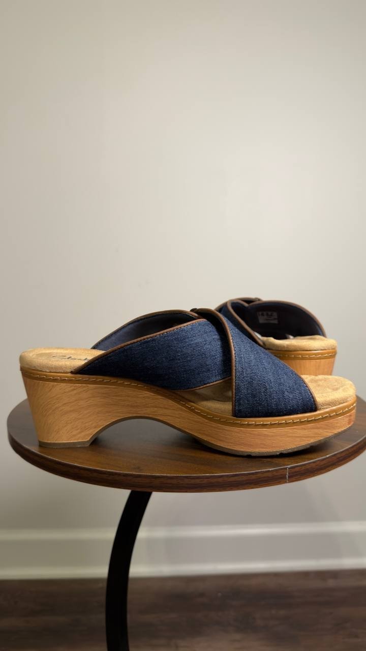 Clarks  Wedge  Sandals  Dark  Denim  9.5M  New  $105