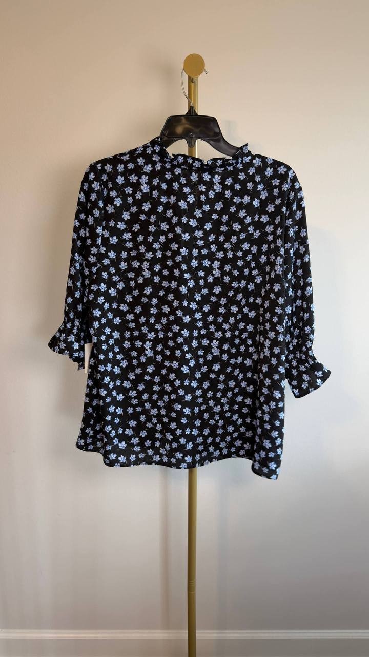 CeCe Floral Split‑Neck Elbow‑Sleeve Blouse Reach Black L NWT $79