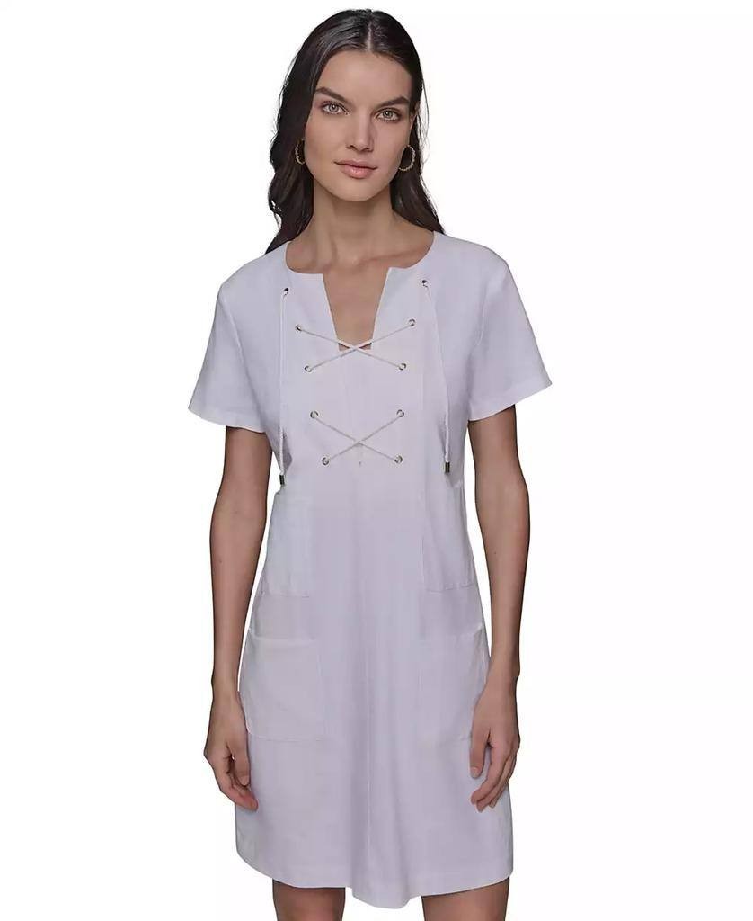 Karl Lagerfeld Paris Lace‑Up Bodice Shift Dress Soft White 10 $138 NWT