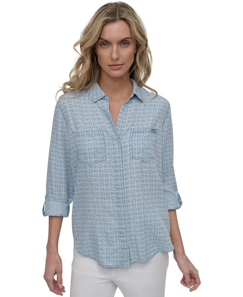 DKNY Jeans Roll-Tab Button-Front Chambray Blue XL Women Shirt Relaxed Fit