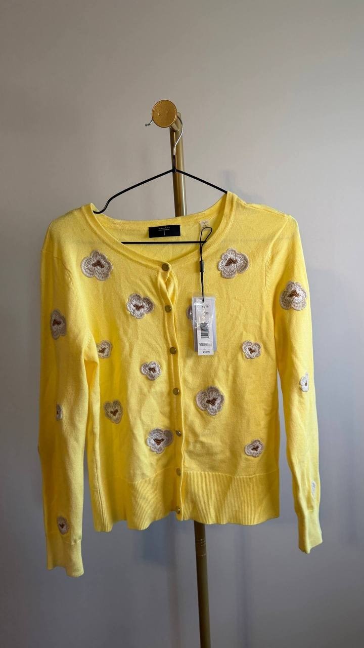 T Tahari Women’s Floral‑Embroidered Button‑Front Cardigan Yellow XS $88 NWT