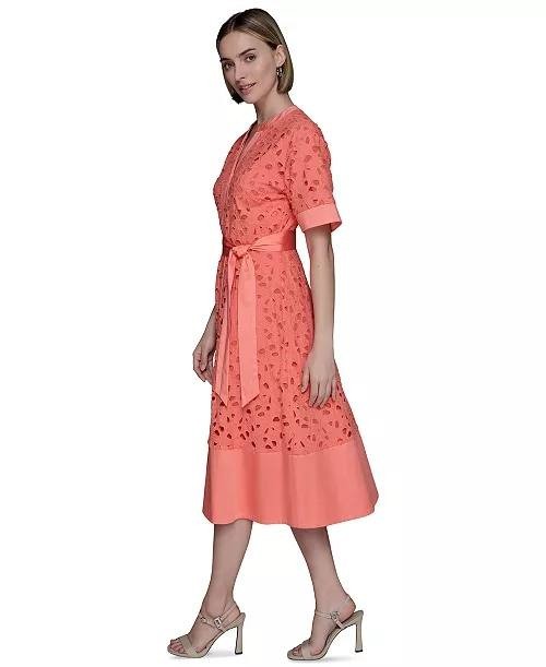 Karl Lagerfeld Paris Petite Eyelet Button‑Front Dress Terracotta 8P NWT $199