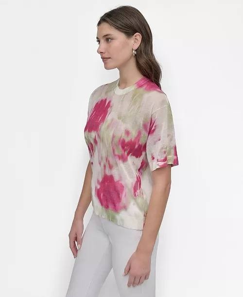 DKNY Watercolor‑Print Short‑Sleeve Sweater Blush Multi XS $89 NWT