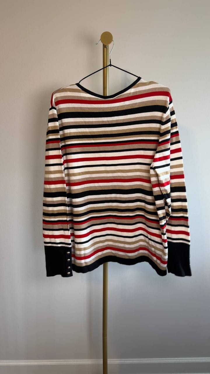 Anne Klein Striped Button‑Cuff Crewneck Sweater Multi XL NWT $99