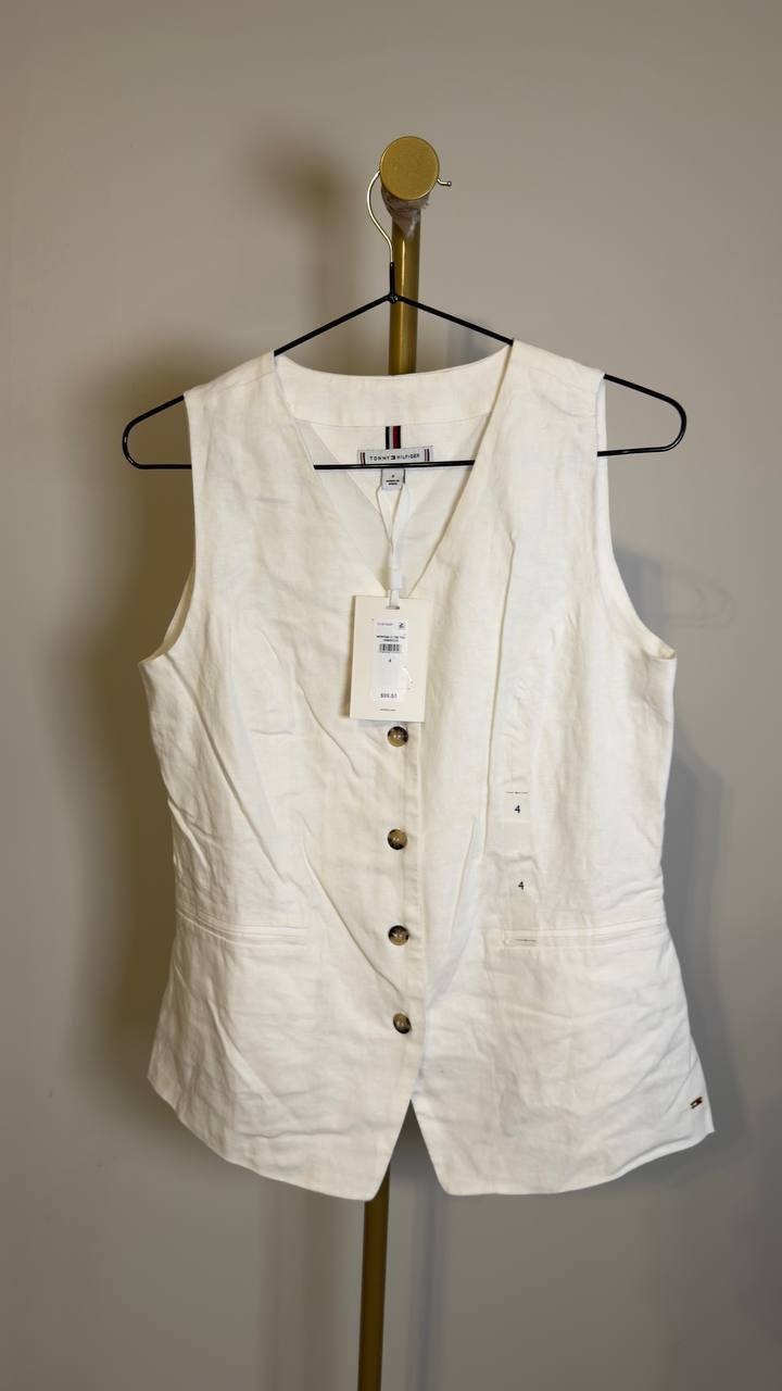 Tommy Hilfiger Women’s Slim Fit Linen‑Blend Vest Hibiscus 4 NWT $99.50