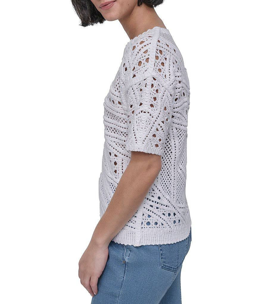 DKNY White Cotton Crochet Short Sleeve Top – Size L – NWT