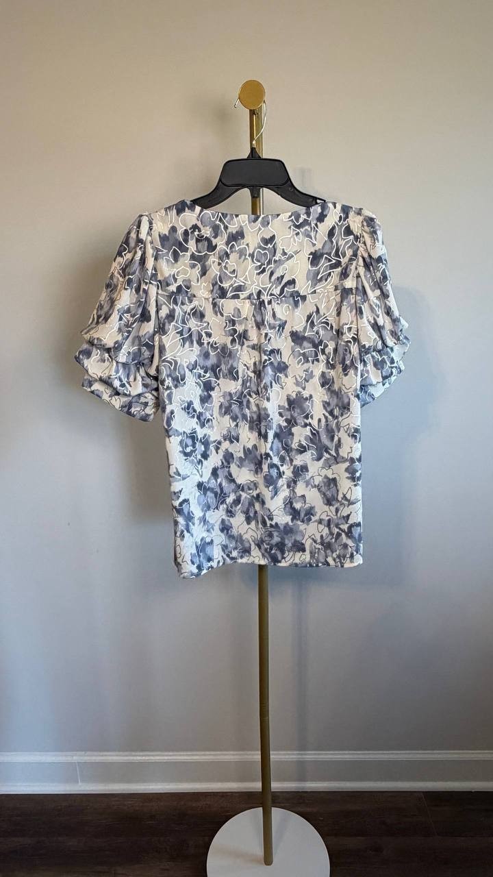 Sam & Jess Floral‑Print Bubble‑Sleeve Top Blue Floral XS NWT $59