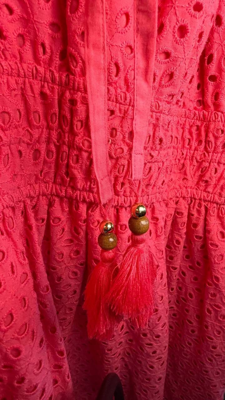 Vince Camuto Petite Cotton Tie‑Neck Tiered Dress Coral 12 NWOT $158