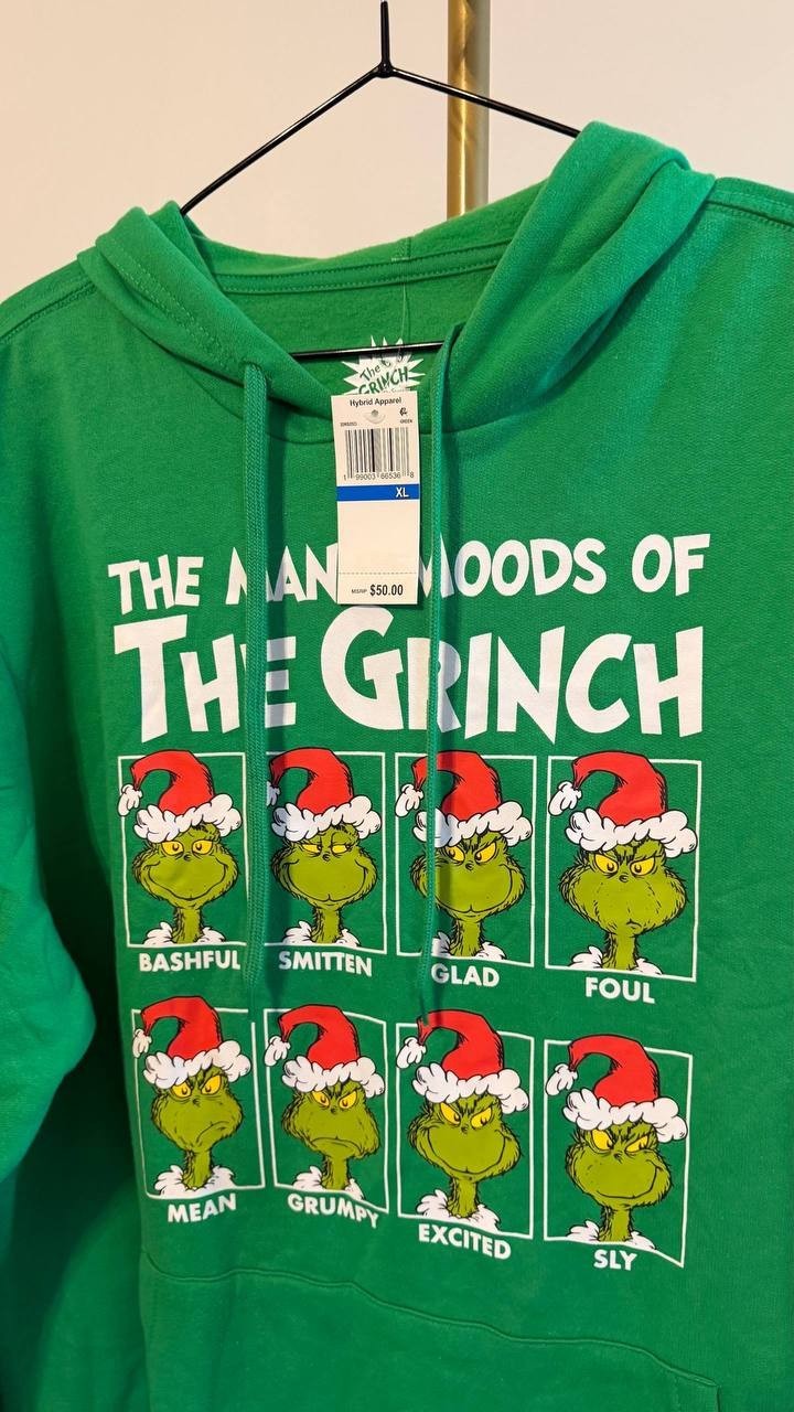 Hybrid Apparel Men’s Grinch Moods Graphic Fleece Hoodie Green XL $50 NWT