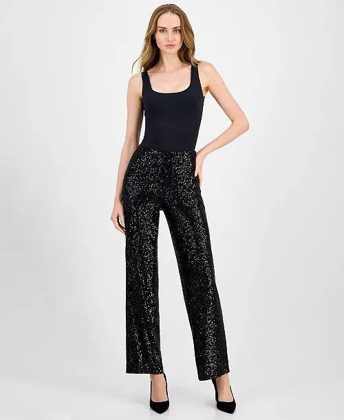 Anne Klein Women's Black Pull-on Sequin Wide-Leg Pants Size-XL