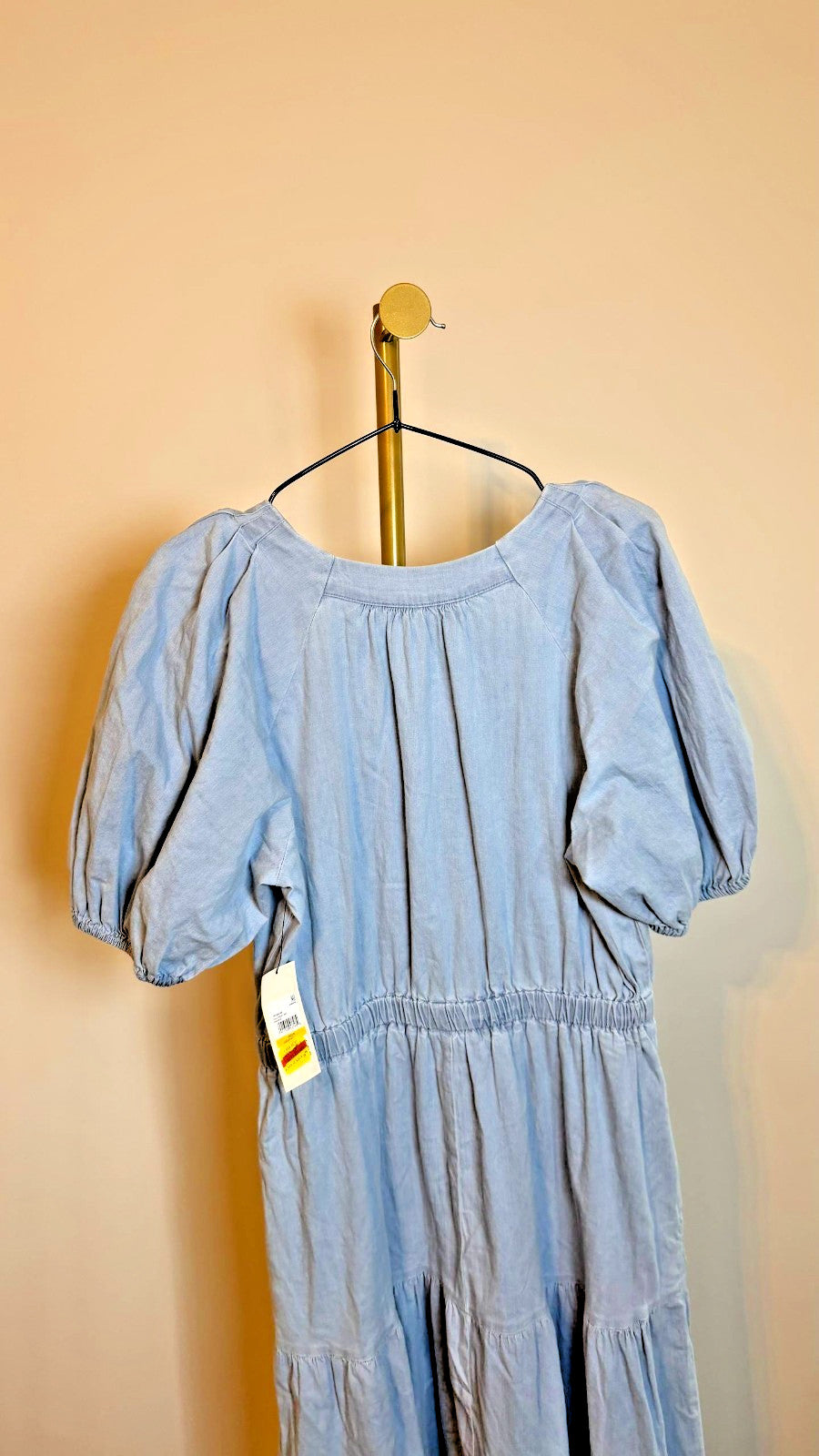 Anne Klein Women’s Split‑Neck Puff‑Sleeve Denim Midi Dress Blue $129 NWT