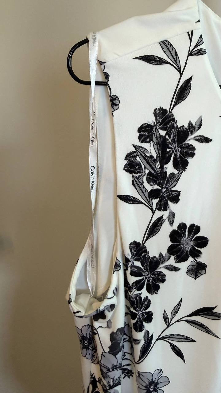 Calvin Klein Printed Pleat Neck Blouse Multi Keyhole Back SizeXL NWOT needs wash