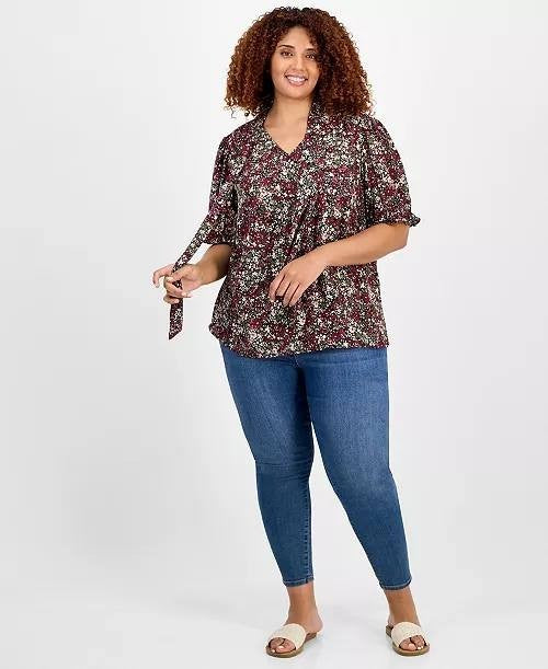 Jones NY Blouse 3X Bordeaux Multi Tie Neck Puff Sleeve Printed Plus Size NWT