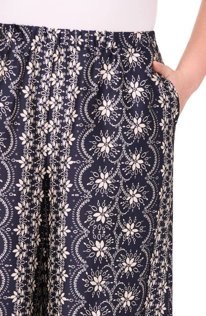 CeCe Black Mixed Print Wide Leg Pants Size L Elastic Waist Travel Casual