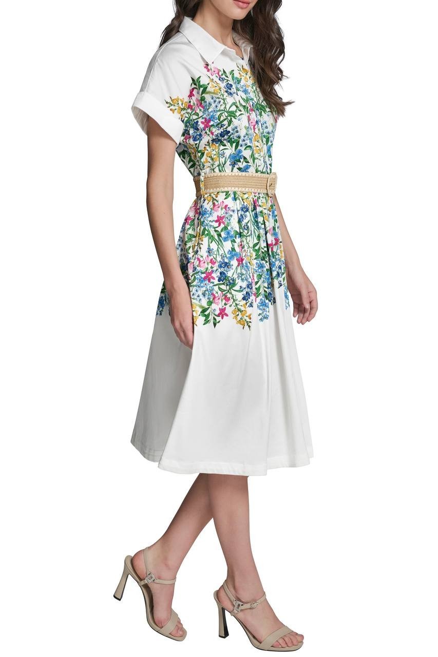 Karl Lagerfeld Paris Placed Floral Print Belted Midi Shirtdress White 10 NWT $50