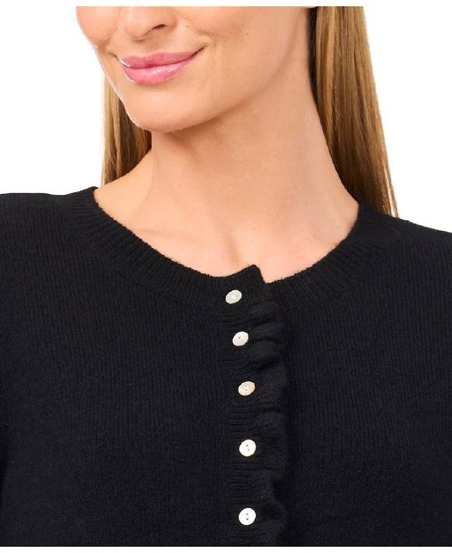 CeCe Ruffle‑Edge Long‑Sleeve Cardigan – Black – Size M – NWT – $89
