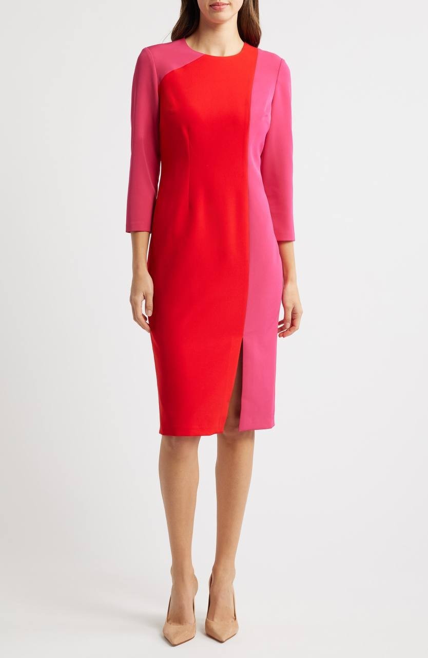 Anne Klein Colorblock Sheath Dress 3/4  Sleeves Fuchsia/Rose 10 NWT $139