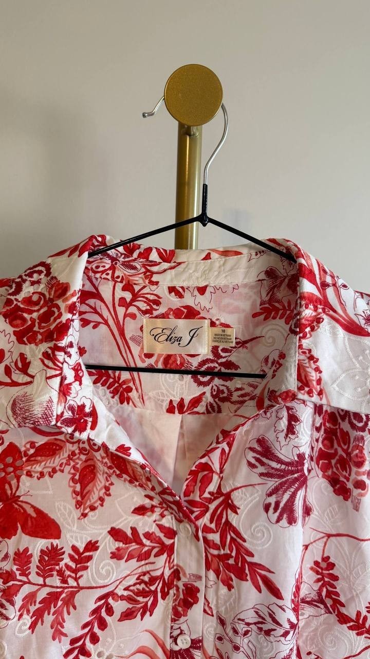 Eliza J Women’s Printed Button Front Cotton Dress Red White 10 $158 NWT