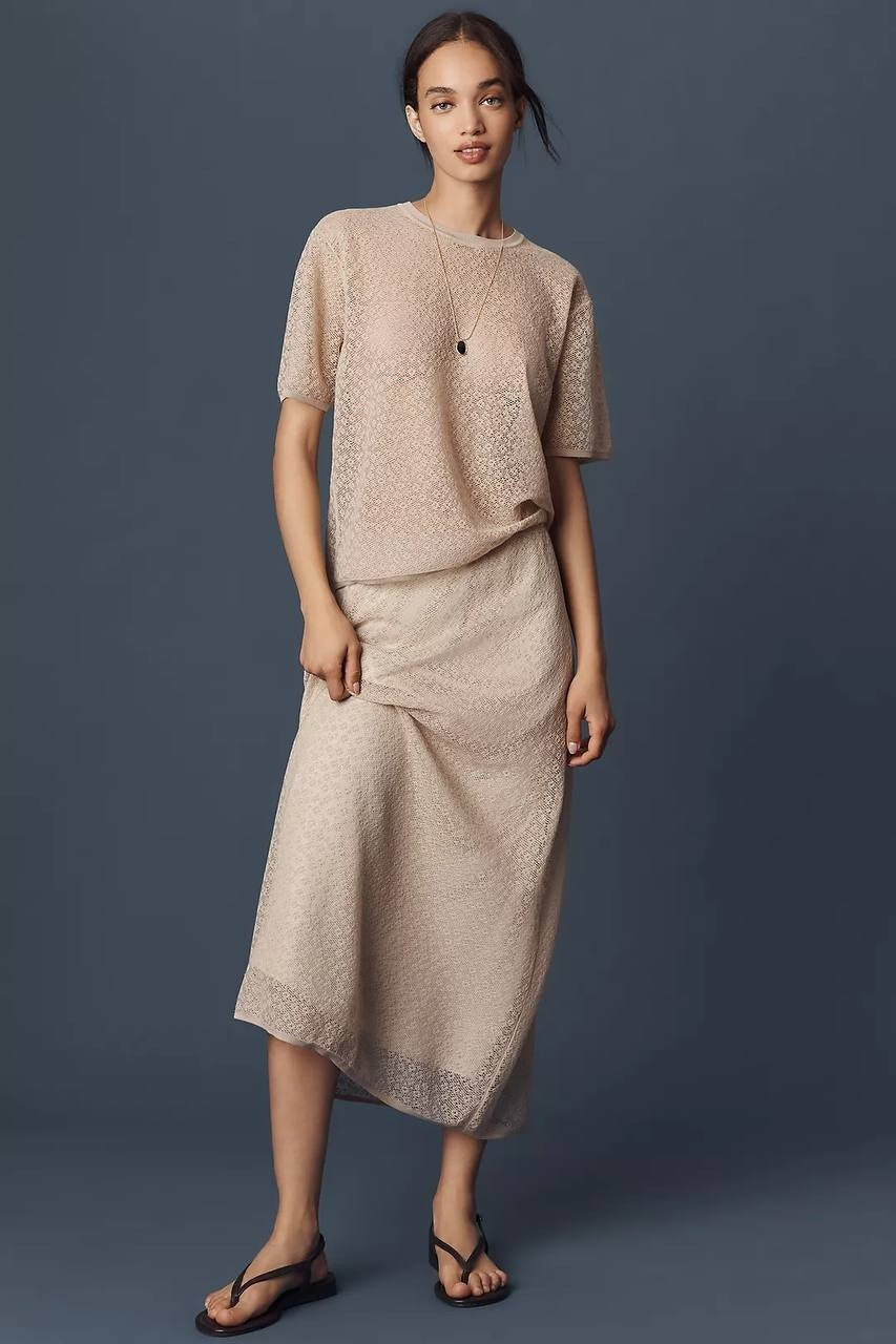 Theory Floral Lace A-Line Midi Skirt Taupe 2P Petite Pull-On High-Rise