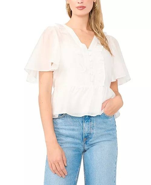 Vince Camuto Flutter-Sleeve V-Neck Top Ultra White M NWT $99