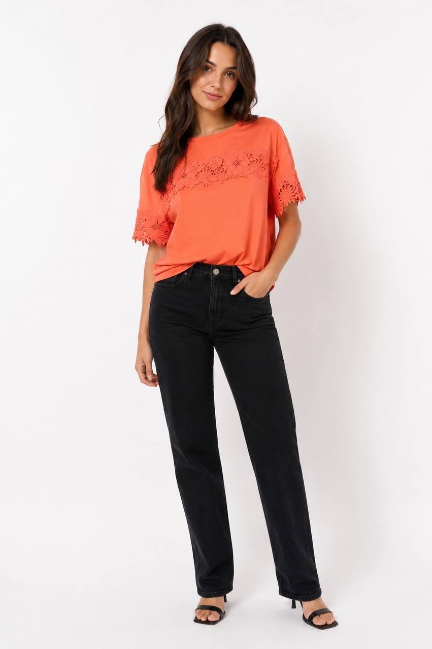 Karl Lagerfeld Paris Lace Trim Tee Peach L NWT $79