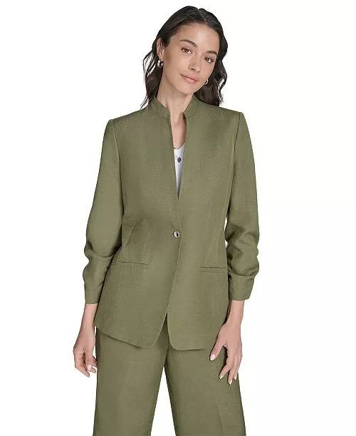 Calvin Klein Women’s Green Petite Linen-Blend 3/4-Sleeve One-Button Blazer Size