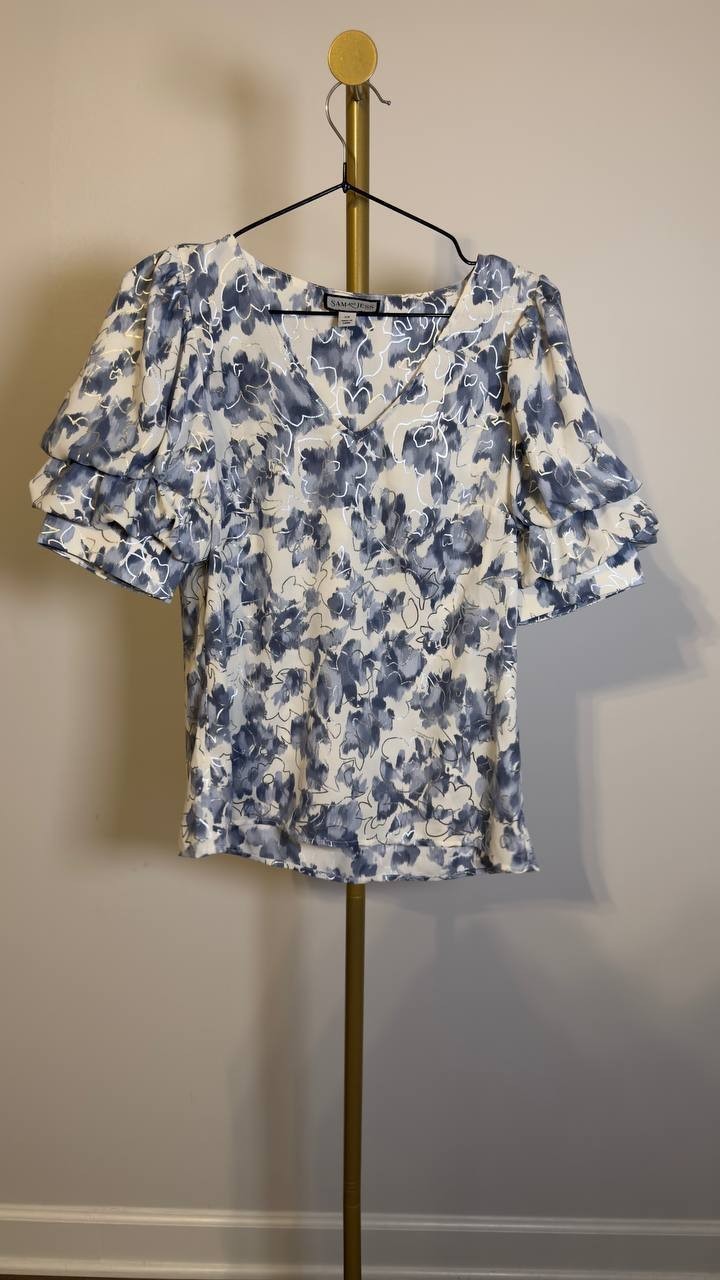 Sam & Jess Floral‑Print Bubble‑Sleeve Top Blue Floral XS NWT $59
